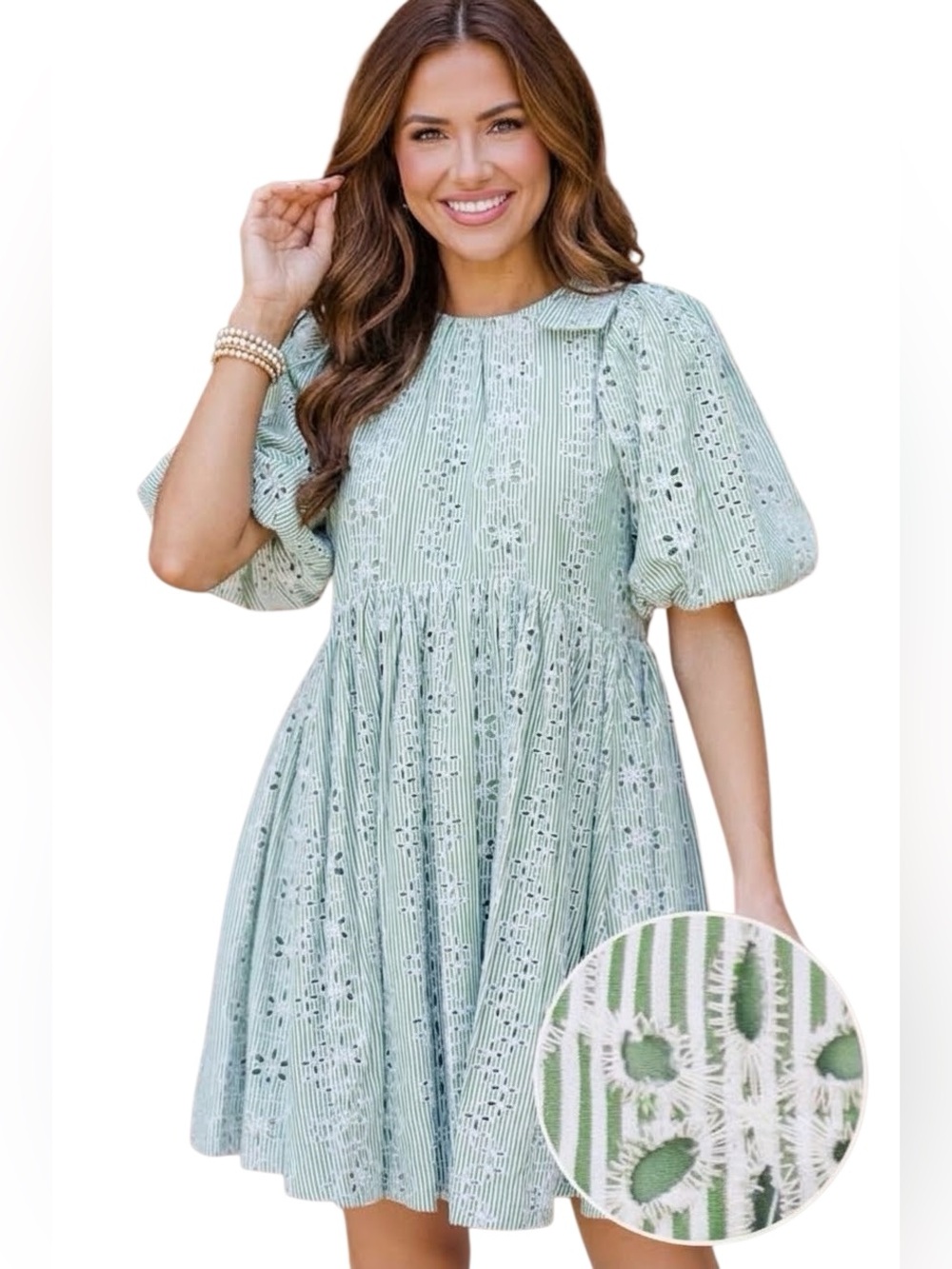 Green & White Striped Eyelet Puff Sleeve Babydoll Dress | Size L